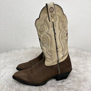 Tony Lama Women’s Cowgirl Western Boots Cream Brown Size 7B Scallop Top VTG 90s
